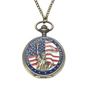 Statue of Liberty with American Flag Pattern Pocket Watch with Chain